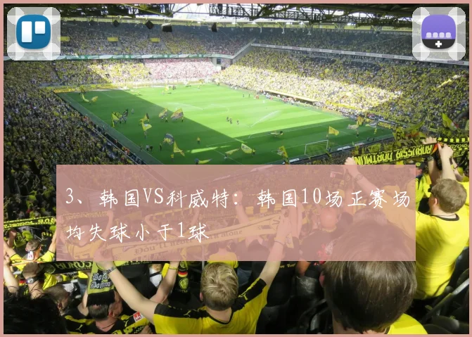3、韩国VS科威特：韩国10场正赛场均失球小于1球